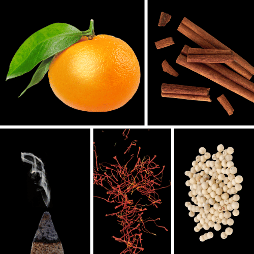 Preview: Duftnoten des Profumo D’oro Unisex-Parfums mit Mandarine, Zimt, weißem Weihrauch, weißem Pfeffer, Safran, Amber, Oud und Labdanum